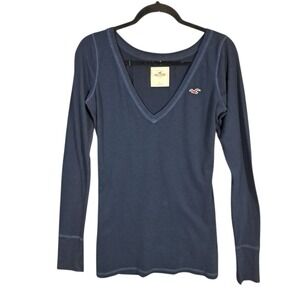 Vtg Y2K Womens Hollister V-Neck Long Sleeve T Shirt Navy Blue Sz‎ L Bella Elena